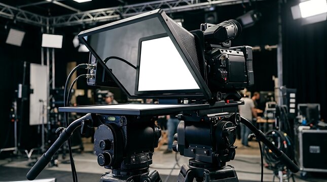 Professional video camera with teleprompter in a modern television broadcasting studio