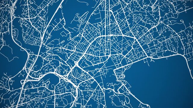Ink reveal animation of Annecy, Haute-Savoie, Auvergne Rh&ocirc;ne Alpes, France grid map. Aerial top view. Blueprint style. White lines with blue background. 4K Seamless loop.