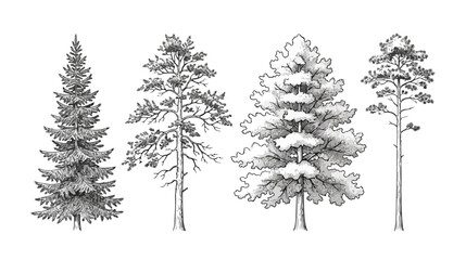 Vintage hand drawn pine trees vector set, detailed pencil sketch of coniferous forest evergreens, black and white botanical spruce and fir illustrations © xantii
