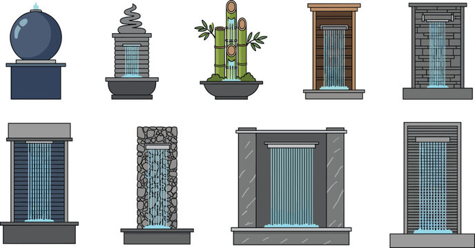 Modern minimalist water wall fountain vector illustration set with stone structures sphere cascades zen bamboo design for interior home garden backyard patio decoration layout