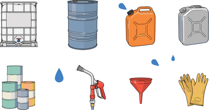 Industrial chemical and liquid storage vector collection featuring intermediate bulk container oil barrel fuel jerrycans spray nozzle funnel protective gloves isolated elements on white background
