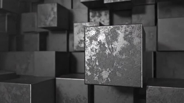 Abstract wall of dark metallic cubes with weathered texture