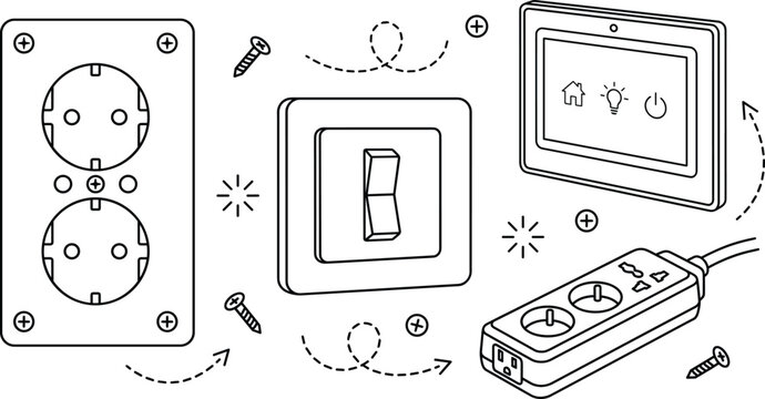 Electrical power socket switch extension strip and smart home control panel screen outline vector icons set