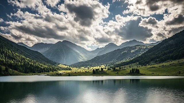 Serene mountain lake reflects a dramatic cloudy sky at sunset