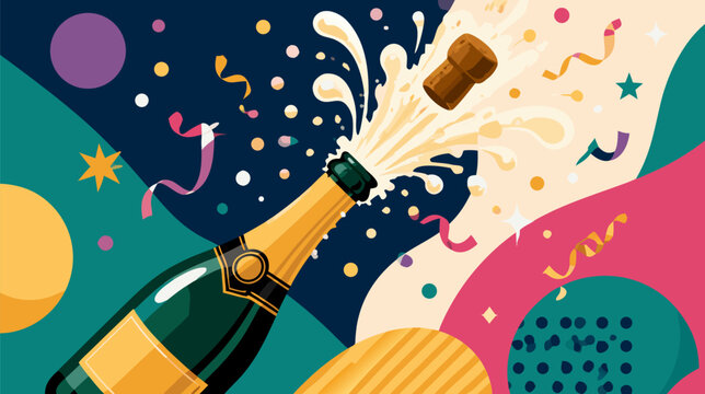 Celebration popping champagne bottle spraying sparkling foam and bubbles, flat vector illustration of a festive alcohol drink for New Year party, wedding toast, or special anniversary event.