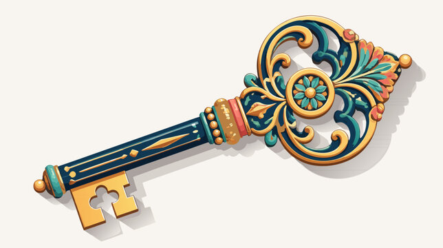 Vintage retro key with an intricate ornamental handle and antique design, flat vector illustration of a classic metal door key for security, mystery, or decorative concept on solid background.