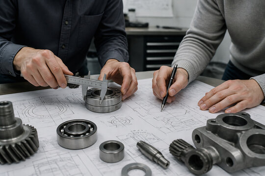 Engineers are reviewing technical drawings and examining mechanical parts like gears, bearings, and castings on a desk.