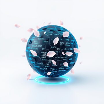 Digital globe covered with numbers, petals floating around. Blue glow emanates from sphere, suggesting data network concept.