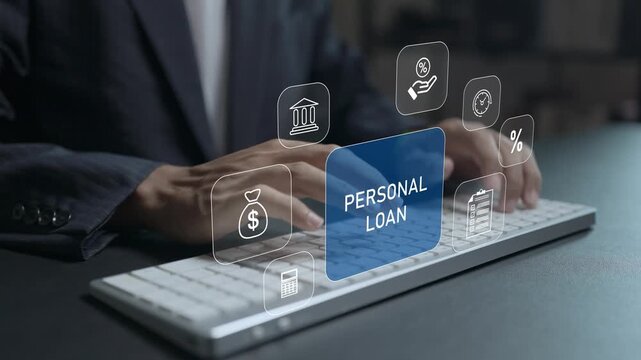 Online personal loan platform concept. Person typing keyboard with finance and loan approval icons, borrowing process, consumer credit services and digital banking solutions.