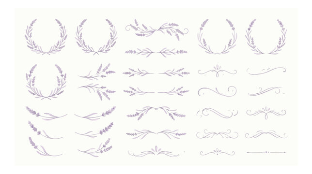 Lavender floral wreaths and botanical dividers set, hand drawn purple herb branches and elegant laurel borders, 25 vector elements for wedding stationery