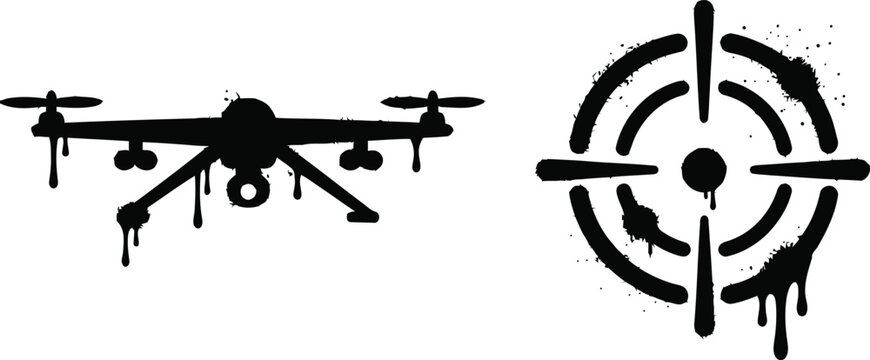Graffiti drone and crosshair target stencil illustration set, spray paint dripping ink style urban military quadcopter sniper objective vector elements