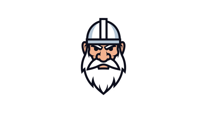 Viking warrior head with silver helmet and white beard.