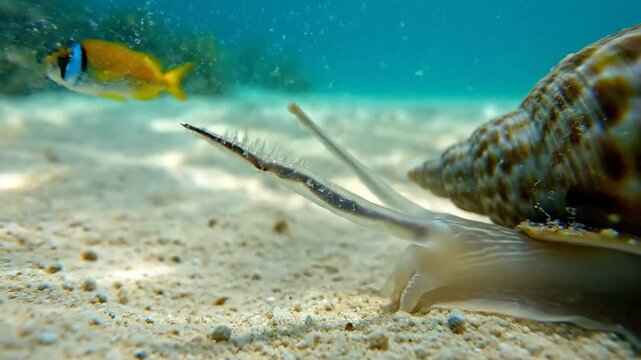 Cone Snail Crawling on Sandy Seabed Underwater with Fish Swimming Nearby