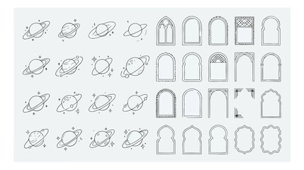 Minimalist celestial planet icons and architectural arch frames, black line art vector set, mystical astronomy and geometric border collection © xantii