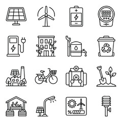 The image displays 16 linear icons related to ecology, renewable energy, and sustainable living, featuring solar panels, wind turbines, and recycling. © Salsa