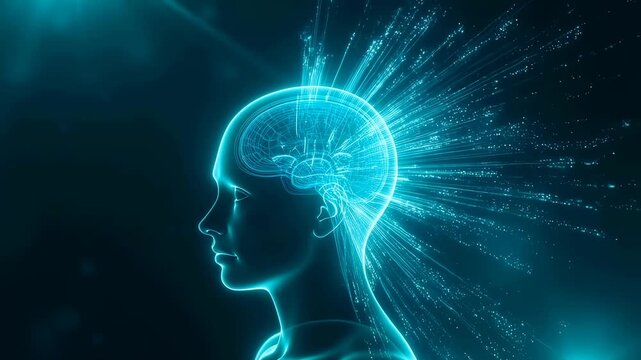 Futuristic digital representation of a human head with glowing brain activity. Visualizing cognitive processes and the power of the mind in a technological context
