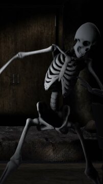 Seamless vertical video of skeleton dancing salsa in a haunted house at night. Funny halloween background.