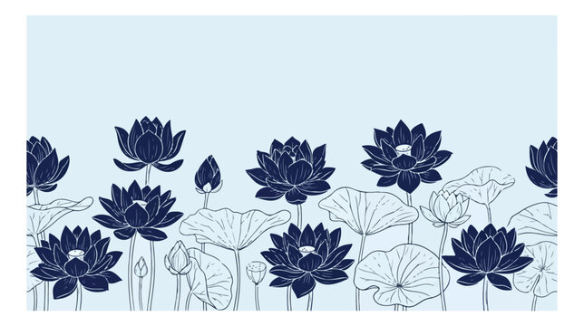 Japanese style lotus flower border vector, navy blue water lily floral illustration, elegant botanical background for wedding stationery