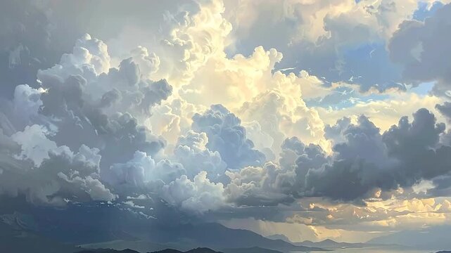 Dramatic sunbeams breaking through massive white cumulus clouds over mountains