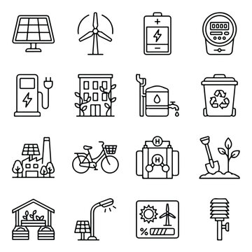The image displays 16 linear icons related to ecology, renewable energy, and sustainable living, featuring solar panels, wind turbines, and recycling.