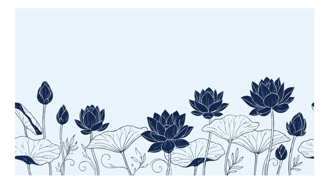 Japanese style lotus flower border vector, navy blue floral line art illustration, elegant botanical water lily background for stationery