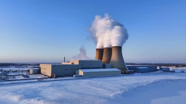 Aerial view of a nuclear power plant with cooling towers emitting steam in a snowy landscape. Represents energy production and environmental impact