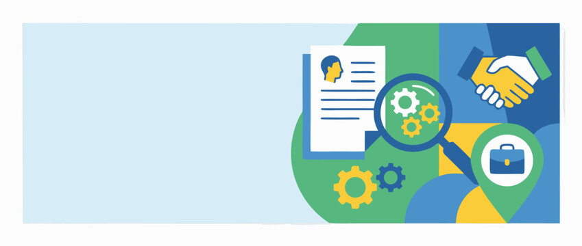 Panoramic vector banner illustration of a human resources recruitment concept featuring professional resume icons and a magnifying glass for talent search on a clean modern background.