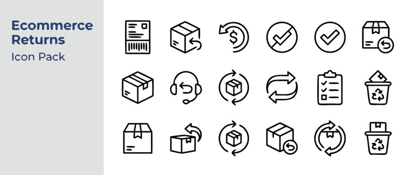 Minimal monoline vector icon set of 20 ecommerce returns and reverse logistics symbols for online retail shipping, customer service portals, and global supply chain management applications.