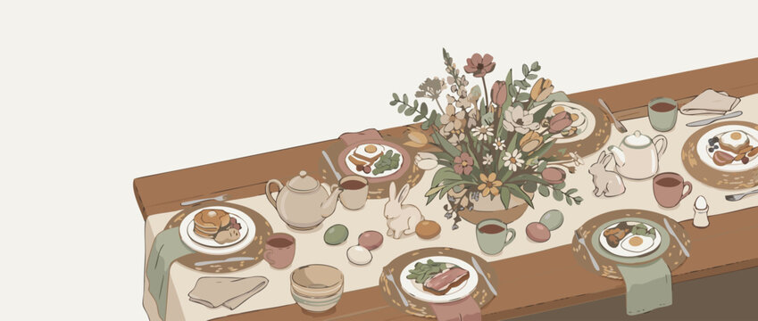 Panoramic vector banner illustration of a cozy Easter brunch table seen from a top view featuring plates, flowers, colorful eggs, and napkins; perfect for spring holiday celebration backgrounds.