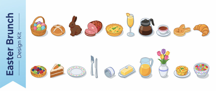 Vector icon set of twenty isometric Easter brunch food items and tableware including breakfast dishes, coffee, and spring decorations with subtle shadows in a clean style for holiday menu designs.