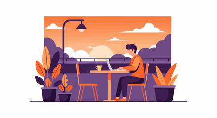 Fototapeta premium Digital Nomad Working on Laptop at Sunset Balcony Flat Vector Illustration - Remote Work Lifestyle, Freelance, and Study Concept