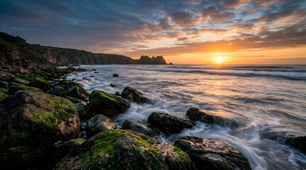 Obraz premium Sunset over the rocky coast of cornwall
