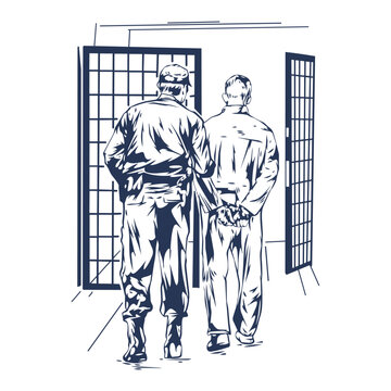 Prison Guard Escorting Handcuffed Prisoner to Jail Cell
