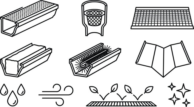 Gutter guard and rain system line icon set with leaf filter protector grid vector illustration on white background