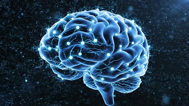Glowing human brain hologram with digital neural network connections.