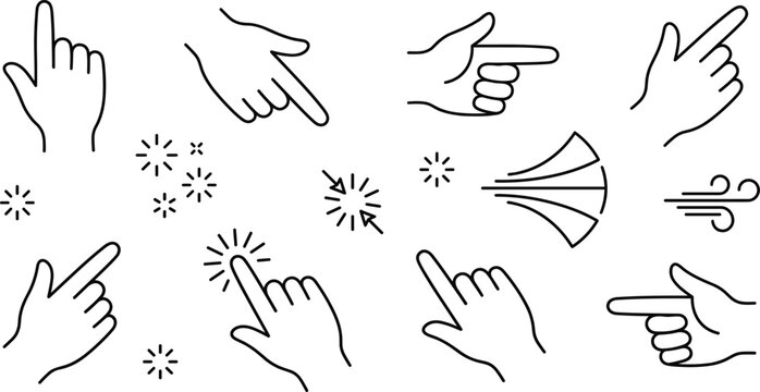Hand cursor gestures and pointing finger linear outline icon set with touch screen click effects