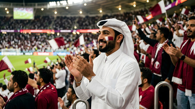 Happy Qatari Football Fan Cheering in Stadium | Man in Traditional Thobe and Ghutra with Qatar Flag Face Paint Clapping | Middle Eastern Sports Enthusiast Supporting National Team at Soccer Match