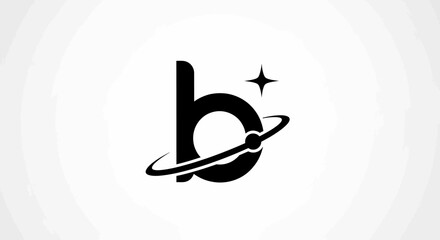Minimalist letter b logo with planet orbit and star element © Bimo