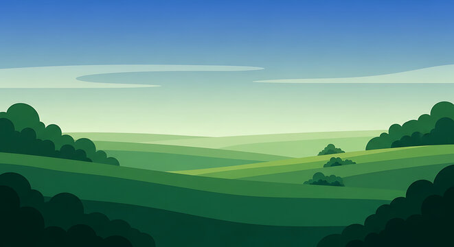 Minimalist landscape illustration of green rolling hills under a clear blue sky with landscape environment minimalist illustration background tranquil peaceful countryside