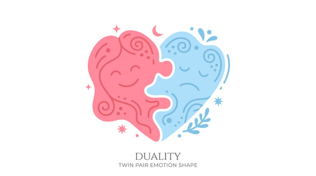 Duality Heart Symbol: Happy and Sad Emotions, Puzzle Pieces, Pink and Blue