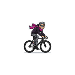 Fototapeta premium Grey‑Haired Cyclist In Dark Hoodie And Pink Scarf Riding A Black Fixie Bike With An Excited Grin, Captured In A Dynamic Urban Action Pose Vector Illustration