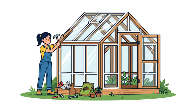 Woman Building Greenhouse, Gardening DIY Project, Home Improvement, Outdoor Construction