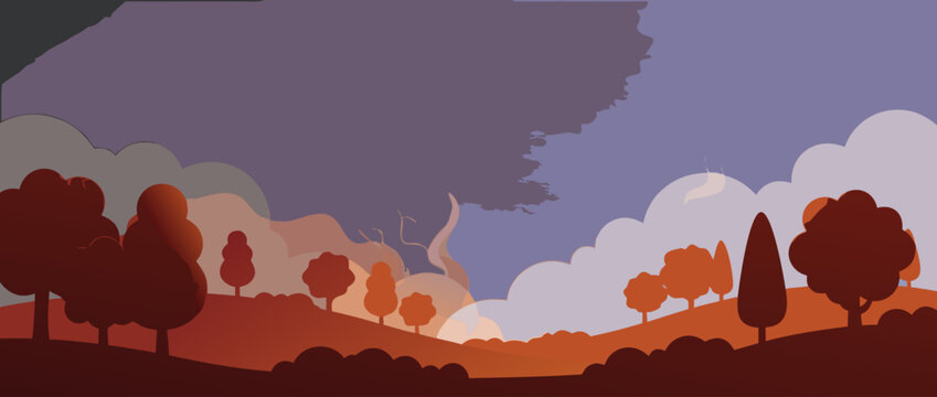 Panoramic vector banner illustration for wildfire awareness featuring a smoky orange gradient background with dark silhouettes of burning trees and flying embers for fire prevention advocacy.