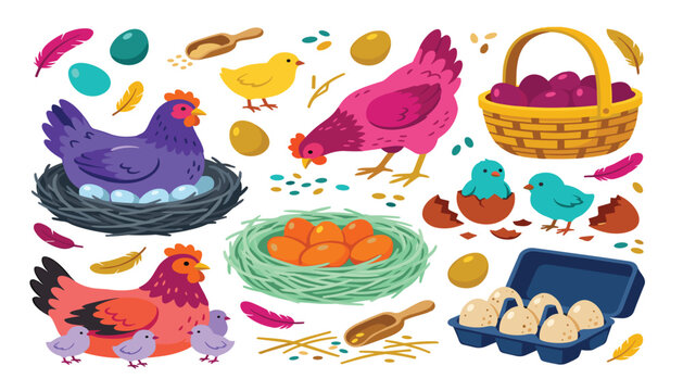 Poultry farm chicken breeding and fresh egg production vector set. Hen nesting, hatching chick, wicker basket, carton box and feed elements.