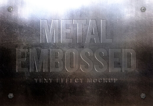 Metal Embossed Text Effect Mockup with Scratched Plate and Bolts