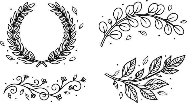 Laurel wreath floral branch olive leaf and elegant vine line art vector illustration collection for organic branding