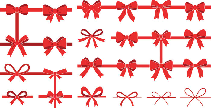 Red gift bow and ribbon vector illustration set for christmas birthday wedding present wrapping holiday celebration greeting card decorative border layout design