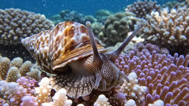Cone Snail Slowly Crawling Among Vibrant Coral Reef Ecosystems