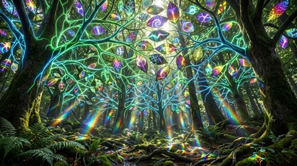 Naklejka premium Enchanted forest with colorful gems and rays of sunlight filtering through trees 