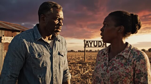 A couple standing in a desolate, dry field at sunset, looking concerned near a rustic shack